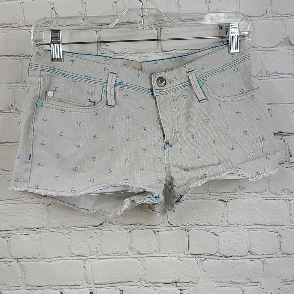 Roxy Anchor Print Denim Cutoff Shorts Gray Turquoise Nautical Shortie 5/27 Surf - Picture 3 of 11